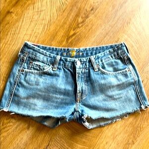 7 For All Mankind ‘A’ Pocket Denim Blue Women's Shorts frayed hemline size 29
